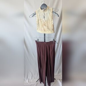 Dance Costume - High-Waist Wide Leg Pants in Deep Burgundy With Creme Top